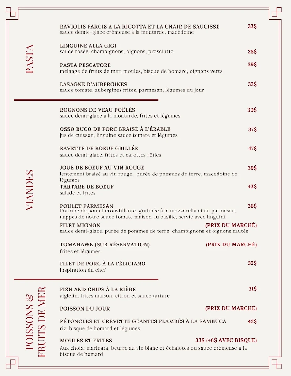 Menu, Restaurant Feliciano Apportez Votre Vin BYOB
