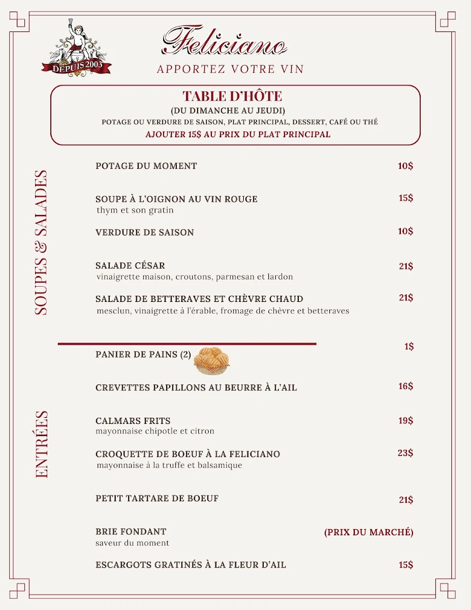 Menu, Restaurant Feliciano Apportez Votre Vin BYOB