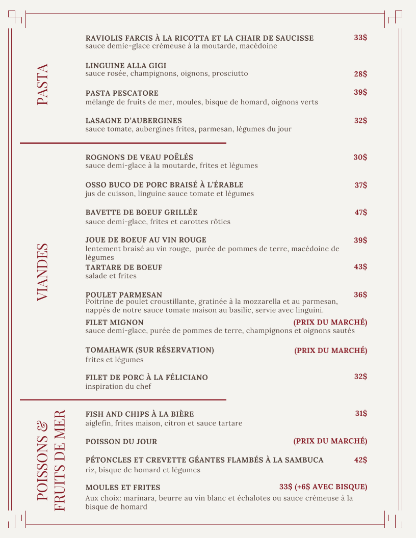 Menu, Restaurant Feliciano Apportez Votre Vin BYOB