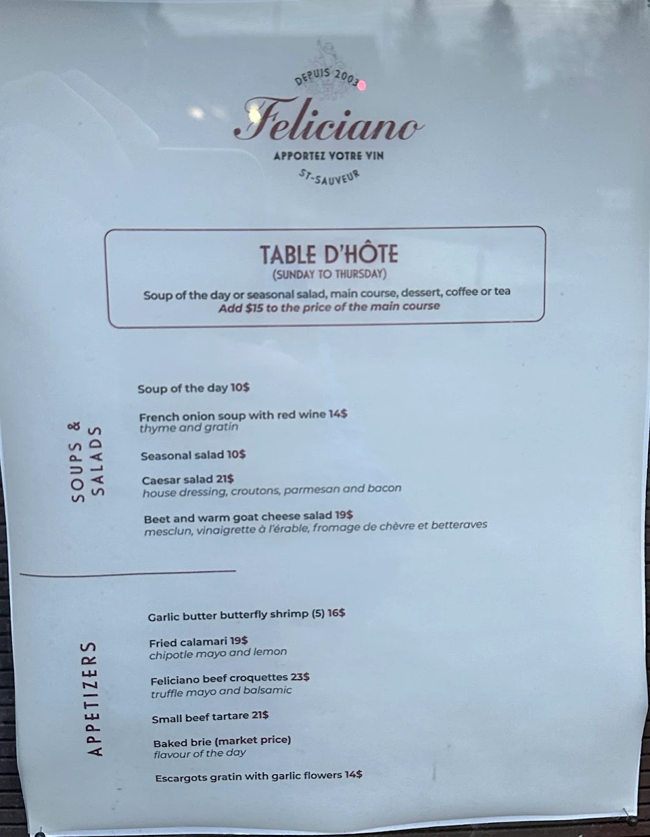 Menu, Restaurant Feliciano Apportez Votre Vin BYOB