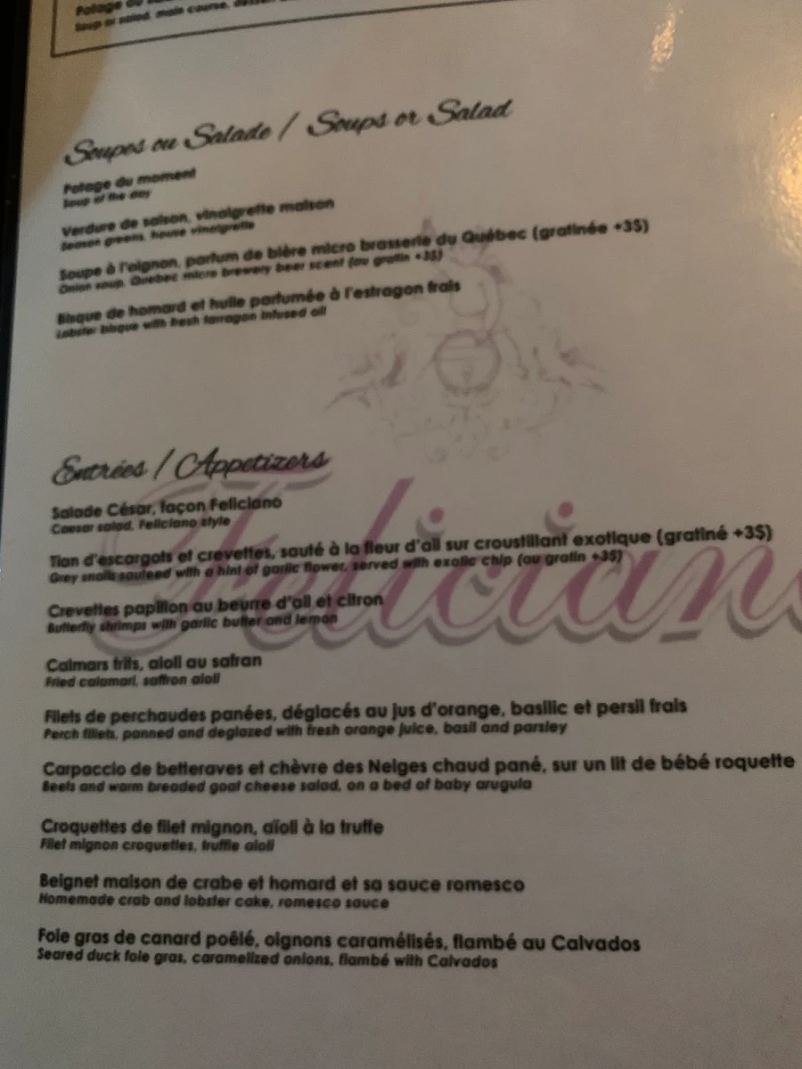 Menu, Restaurant Feliciano Apportez Votre Vin BYOB