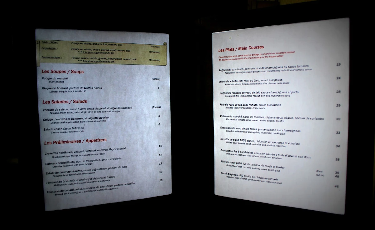 Menu, Restaurant Feliciano Apportez Votre Vin BYOB
