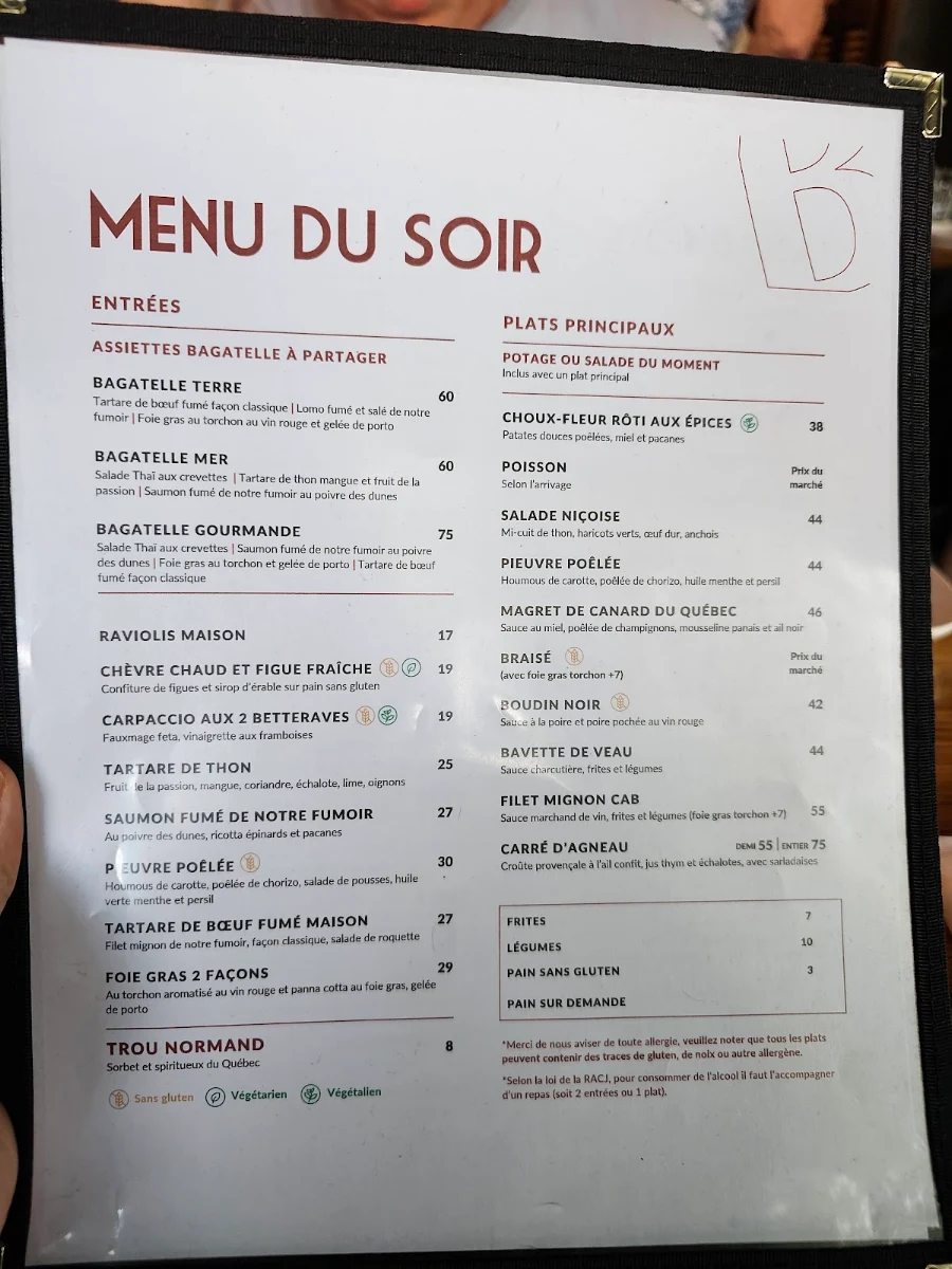 Menu, Restaurant Bagatelle Bistro Apportez votre vin