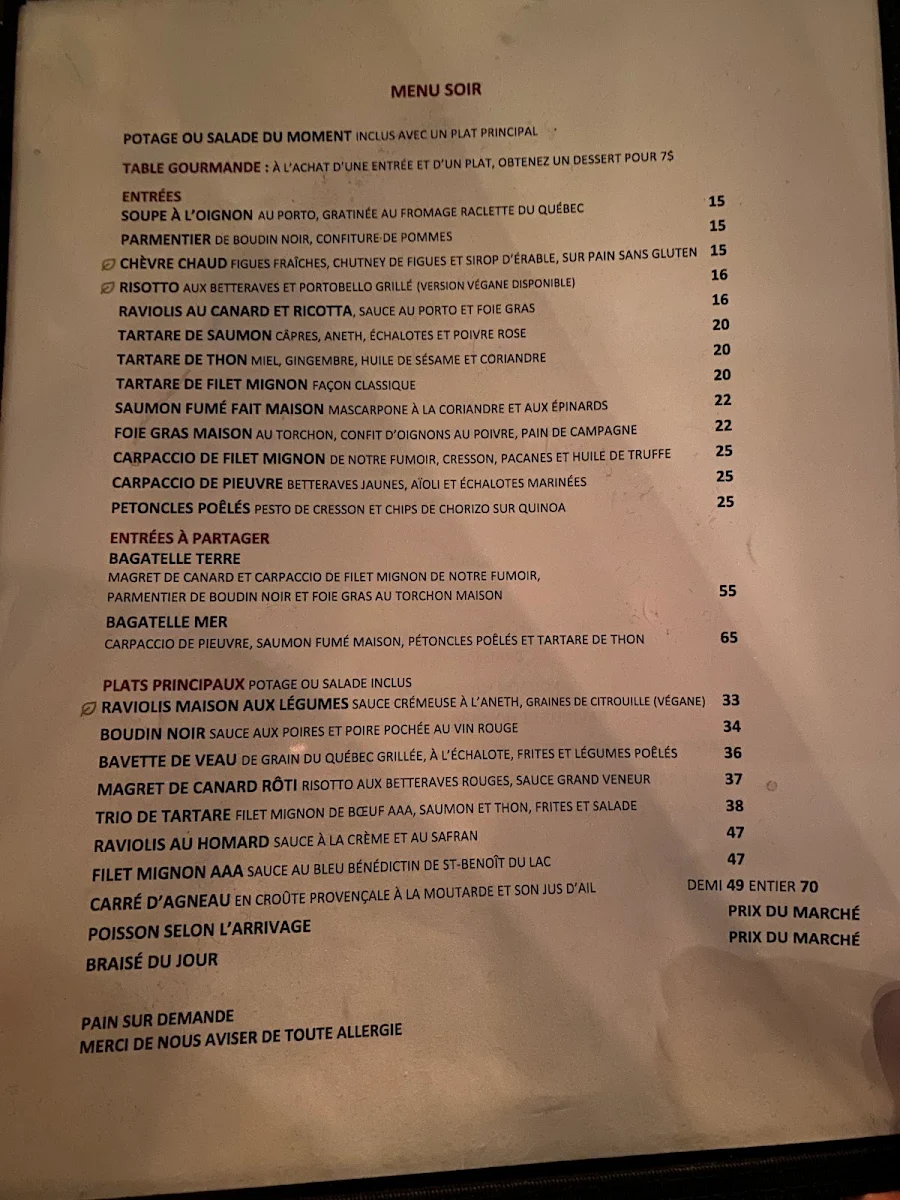 Menu, Restaurant Bagatelle Bistro Apportez votre vin