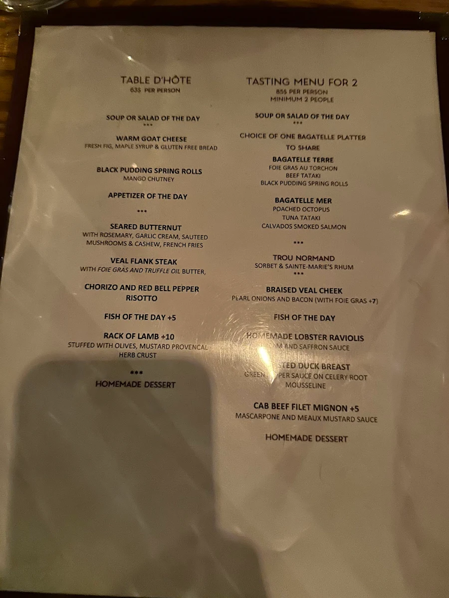 Menu, Restaurant Bagatelle Bistro Apportez votre vin