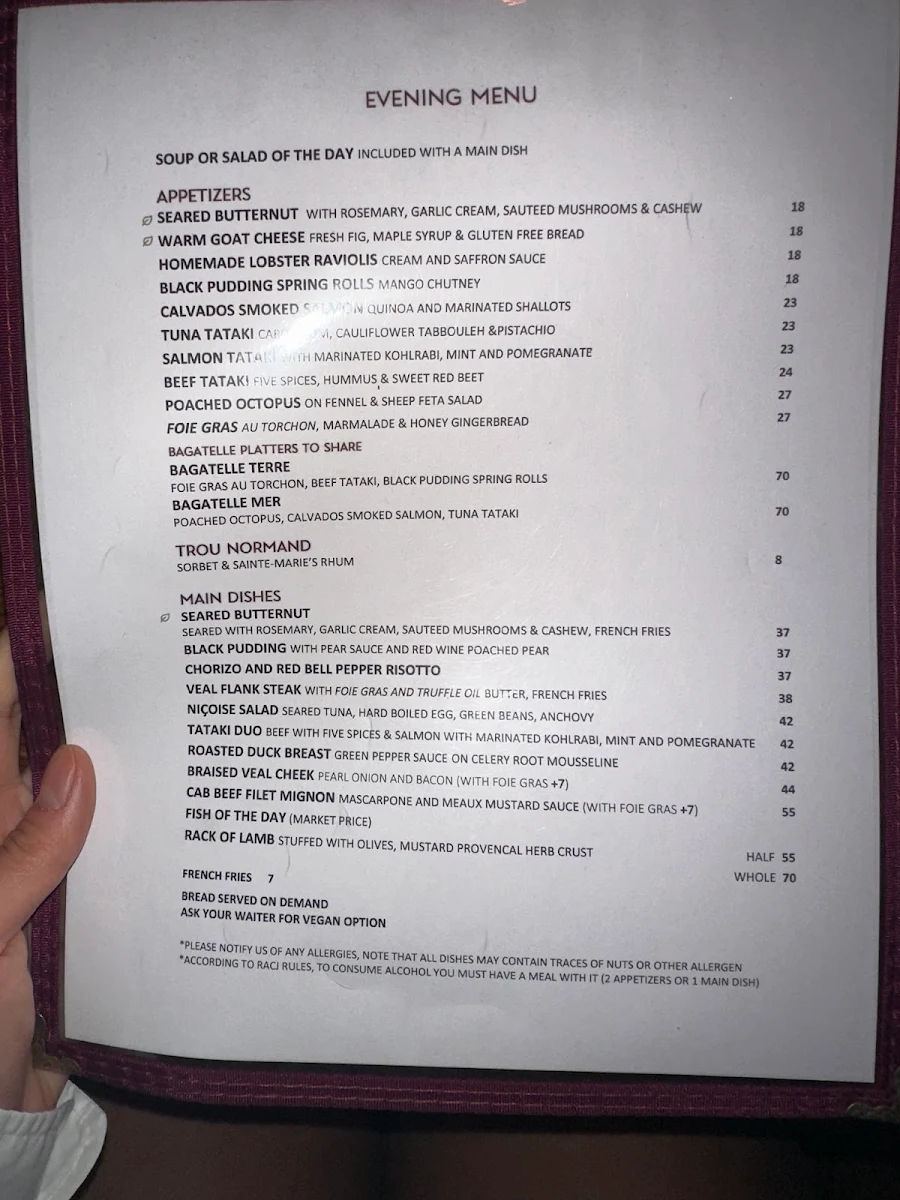 Menu, Restaurant Bagatelle Bistro Apportez votre vin