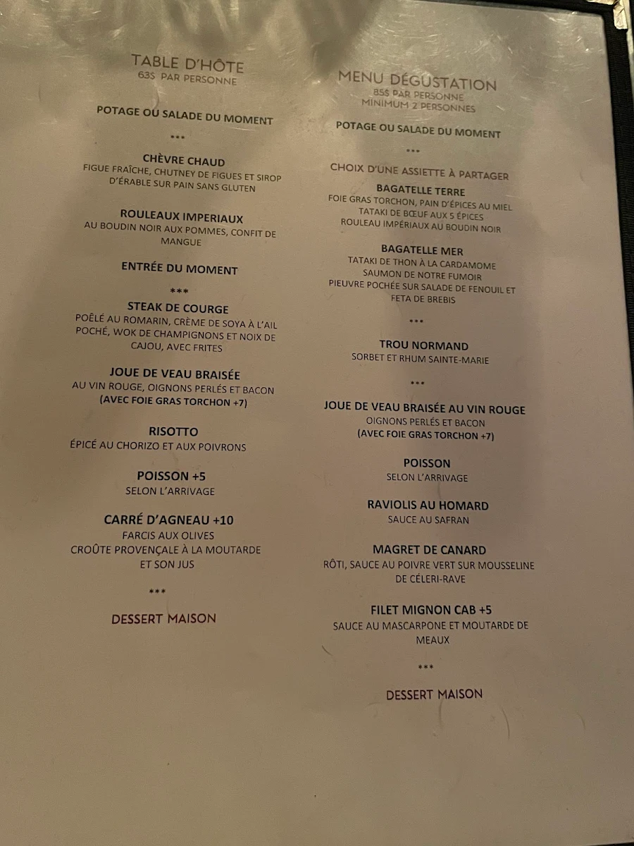 Menu, Restaurant Bagatelle Bistro Apportez votre vin