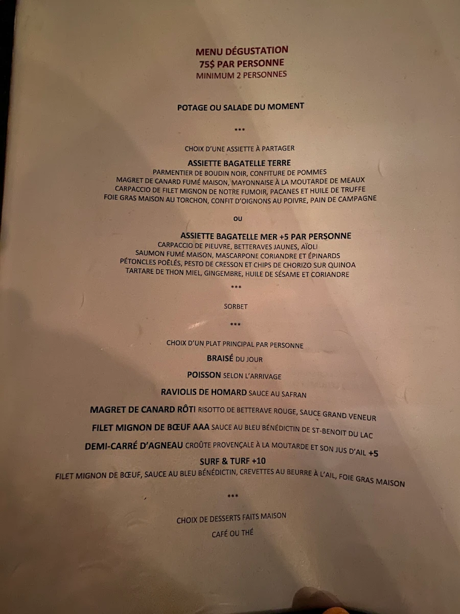 Menu, Restaurant Bagatelle Bistro Apportez votre vin