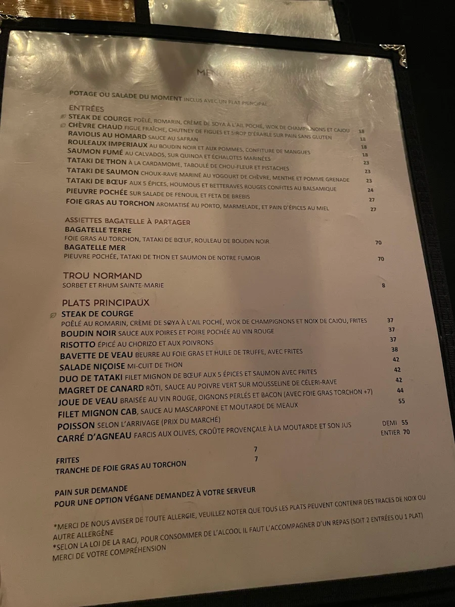 Menu, Restaurant Bagatelle Bistro Apportez votre vin