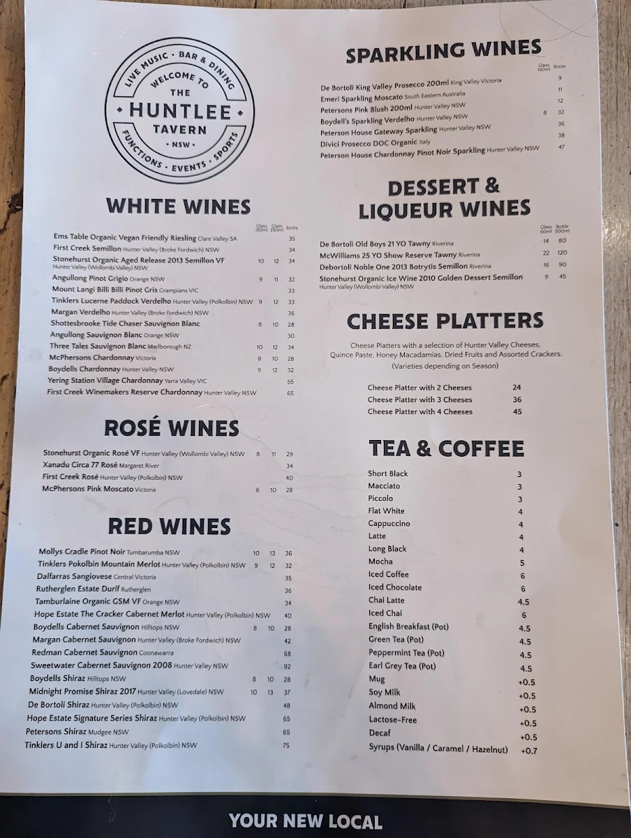 Menu, Huntlee Tavern