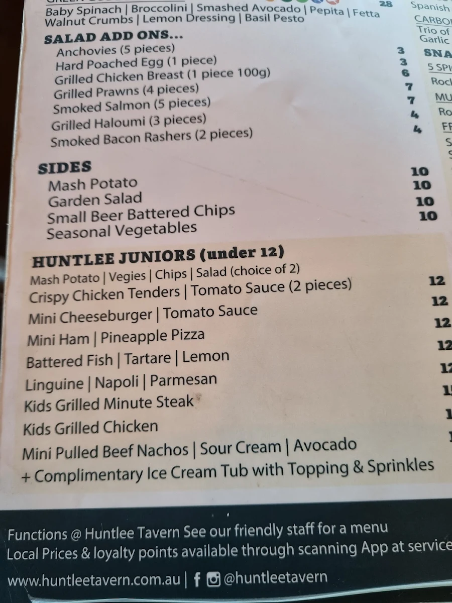 Menu, Huntlee Tavern