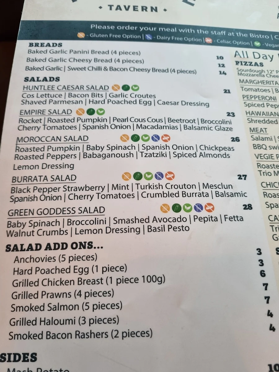 Menu, Huntlee Tavern