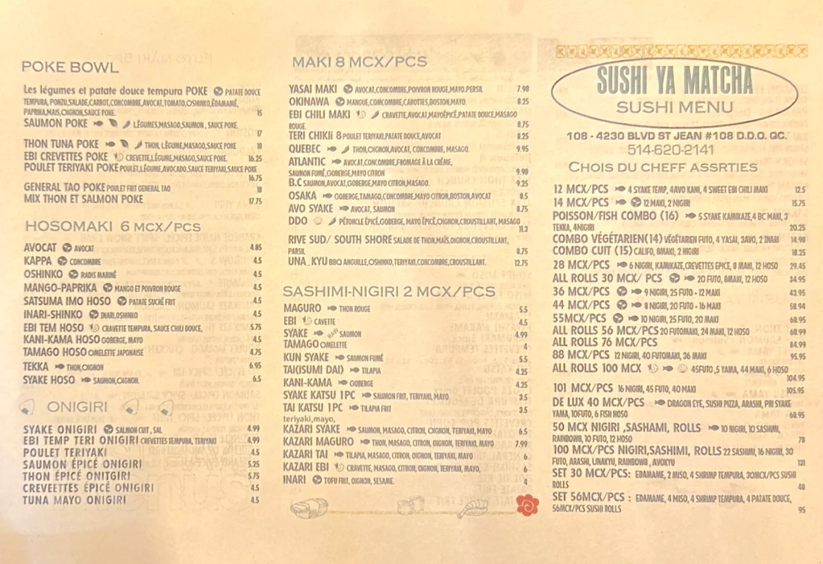 Menu, SUSHI YA MATCHA