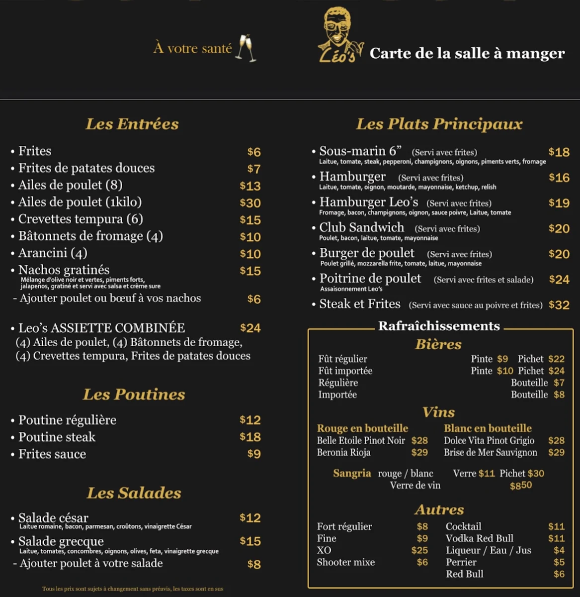 Menu, Léo's Taproom