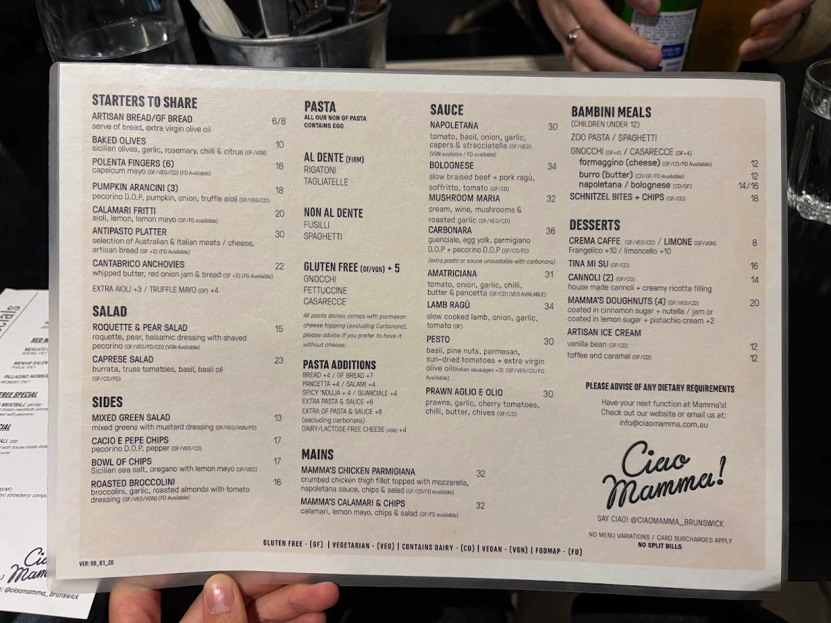 Menu, Ciao Mamma!