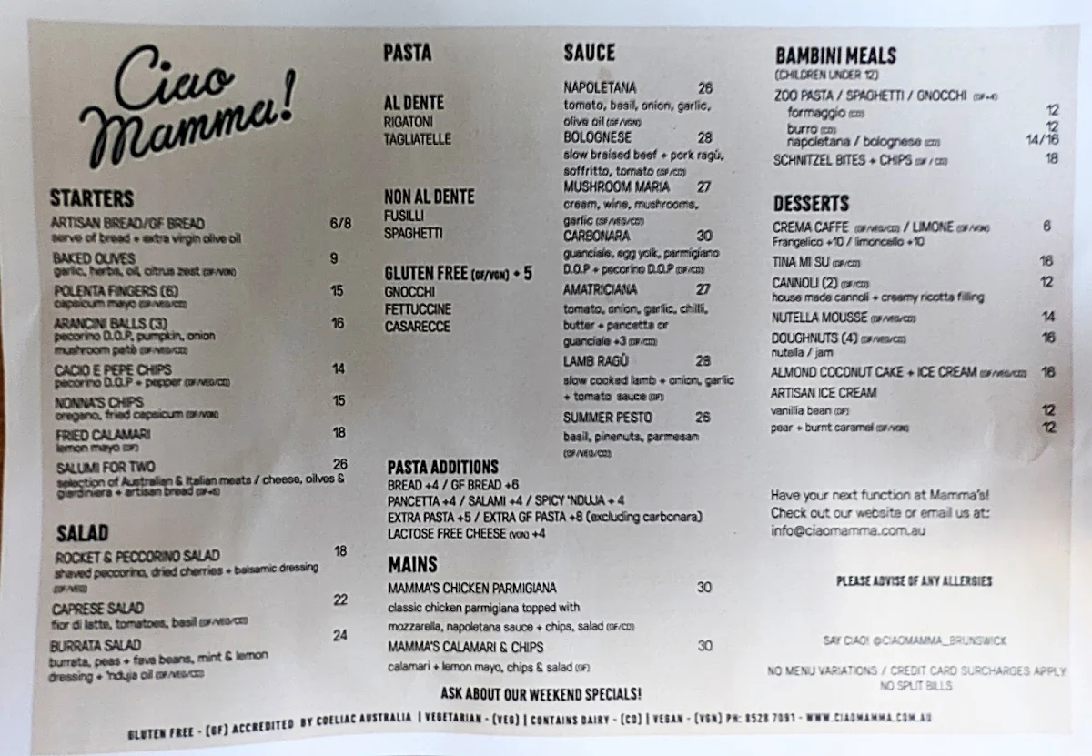 Menu, Ciao Mamma!