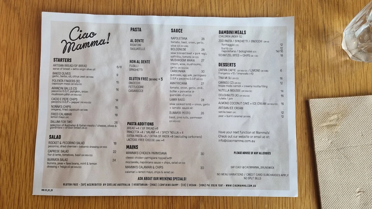 Menu, Ciao Mamma!