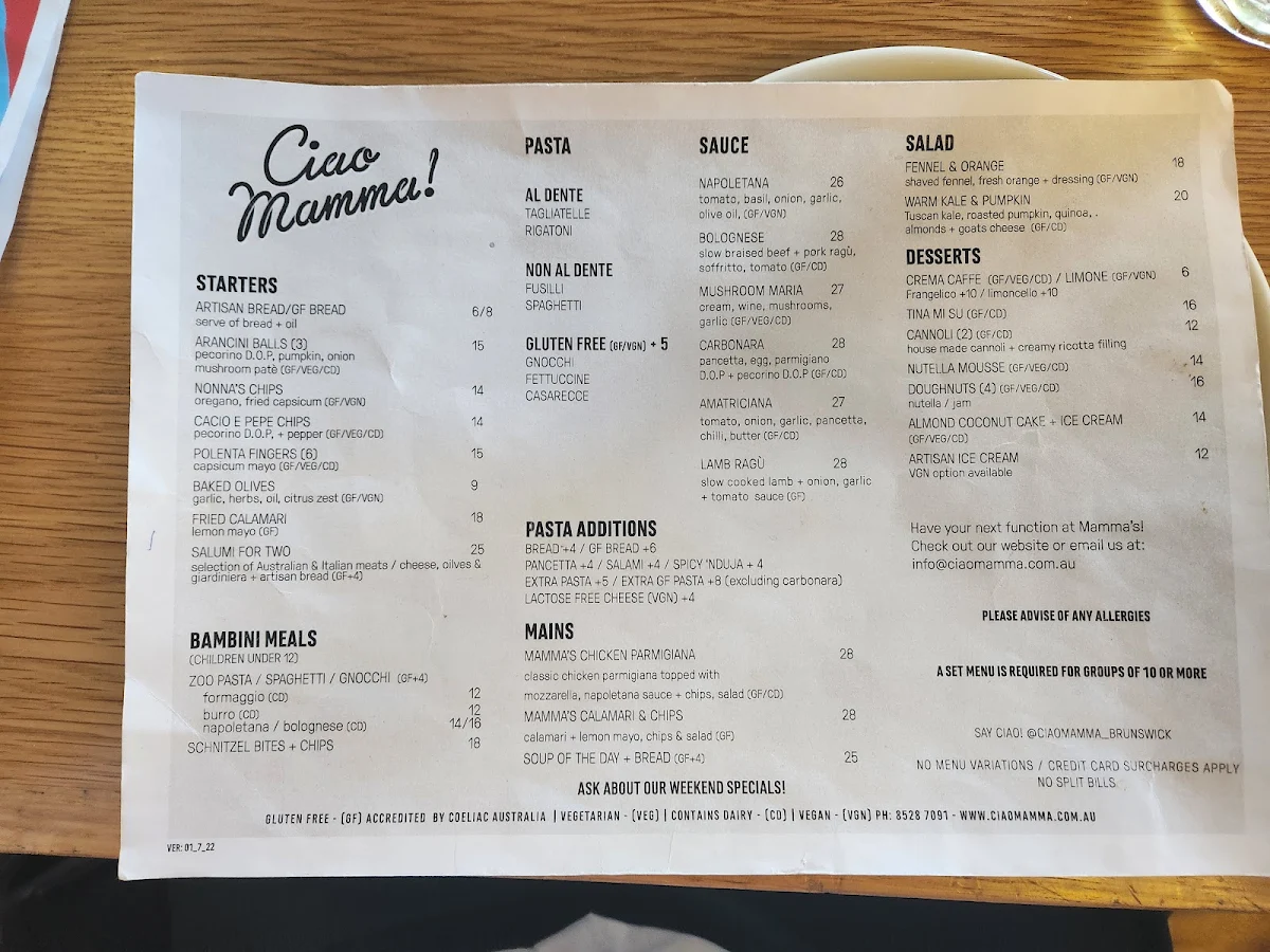 Menu, Ciao Mamma!