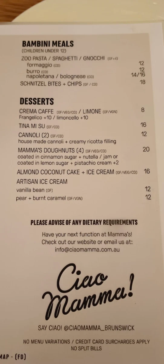 Menu, Ciao Mamma!