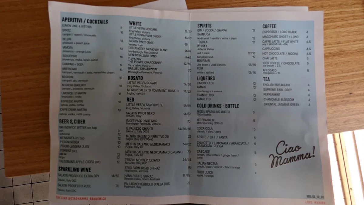Menu, Ciao Mamma!