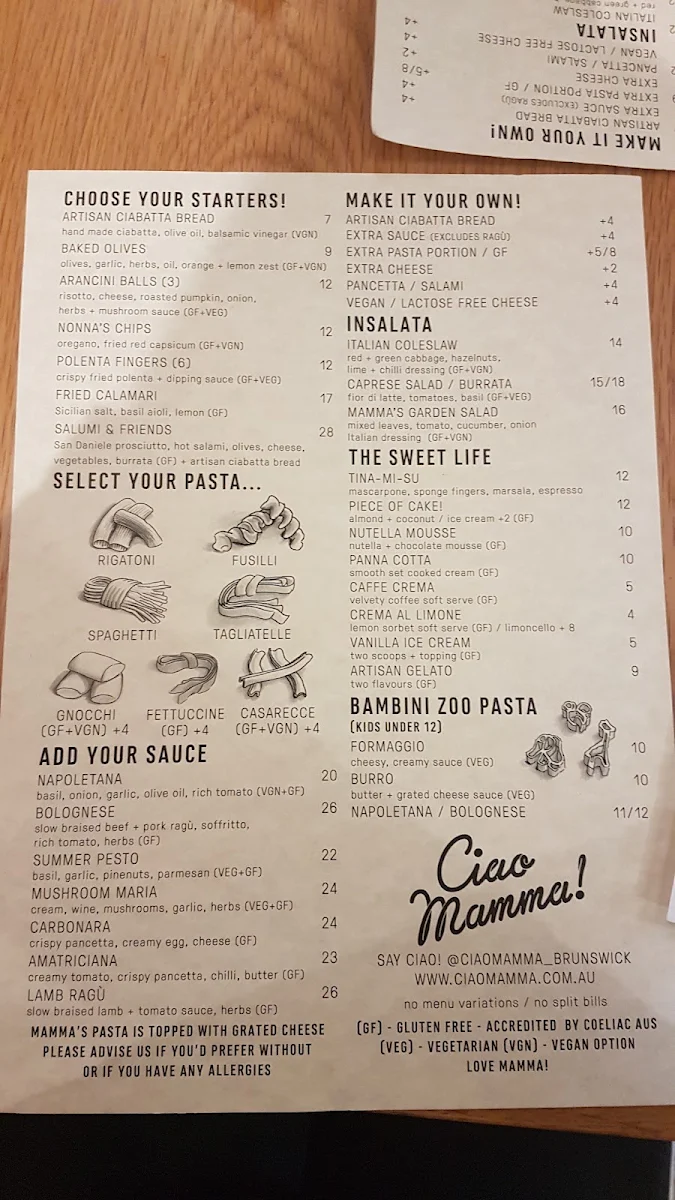 Menu, Ciao Mamma!