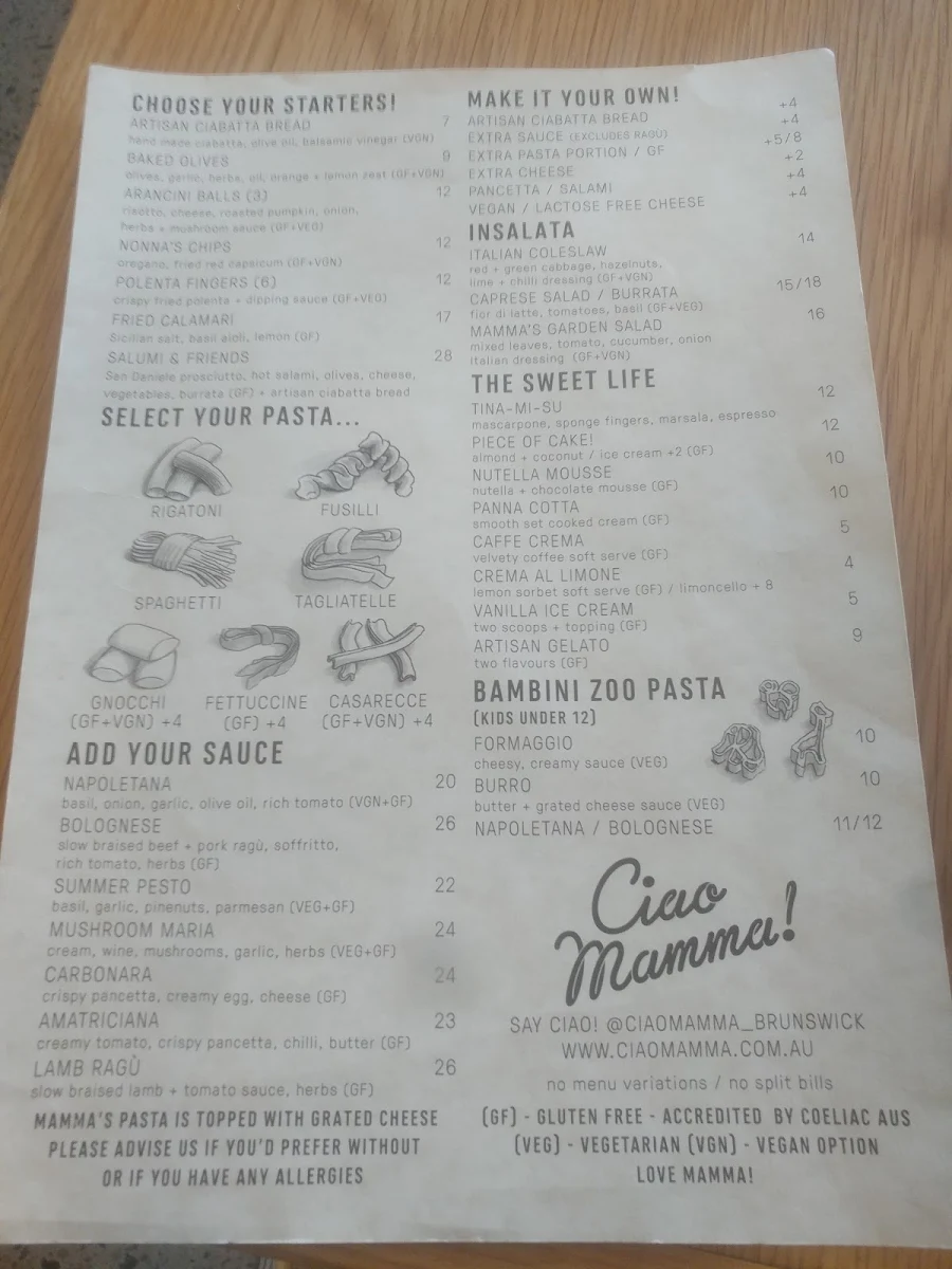 Menu, Ciao Mamma!