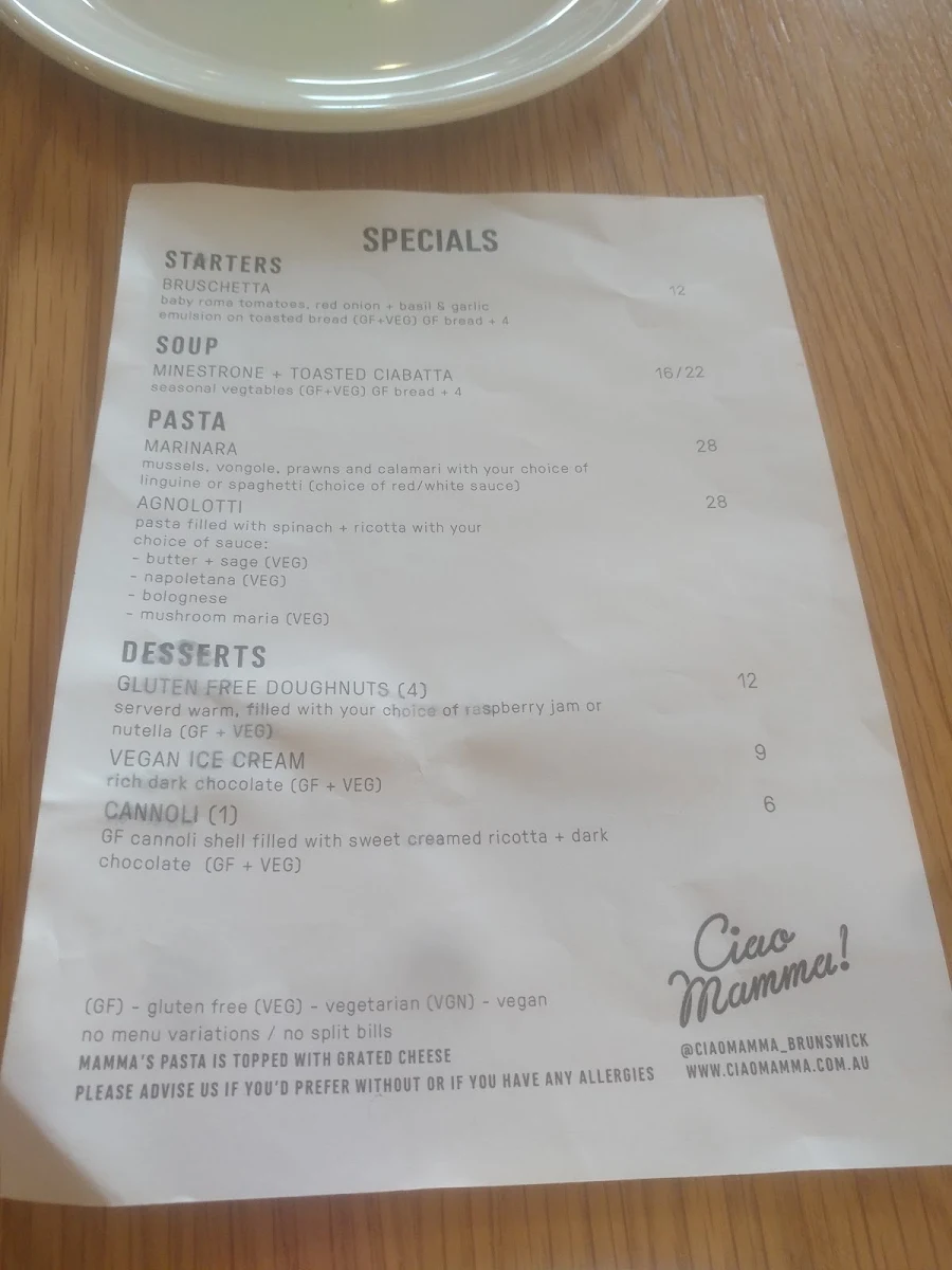 Menu, Ciao Mamma!