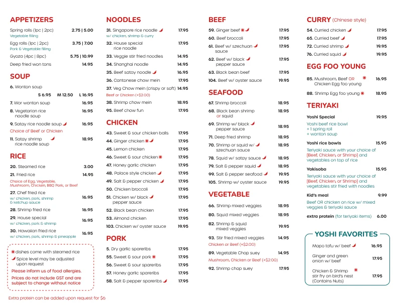 Menu, Yoshigrill