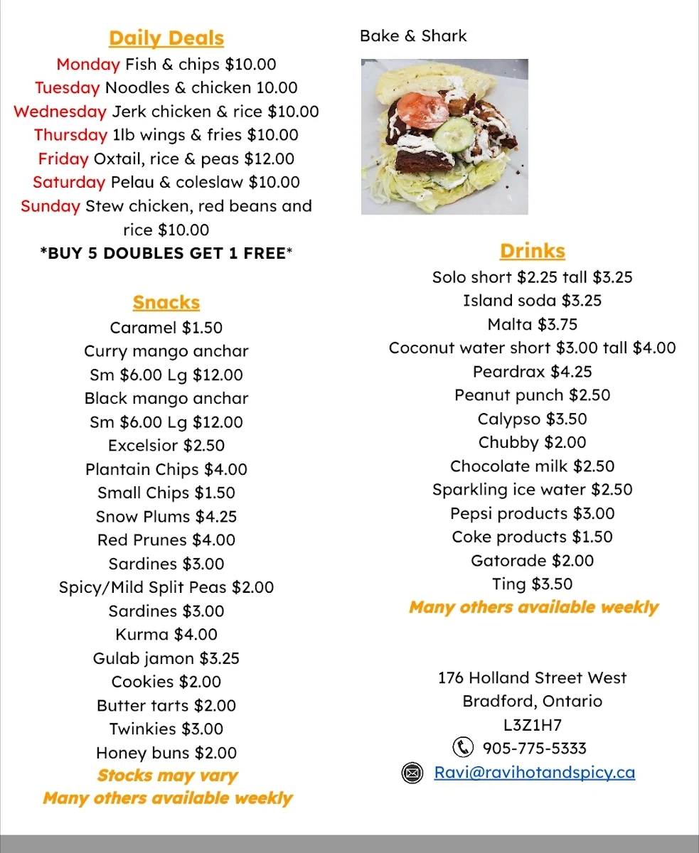 Menu, Ravi's Hot & Spicy