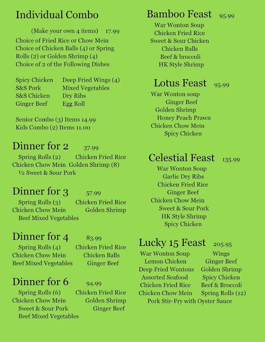 Menu, Lucky 15 Restaurant