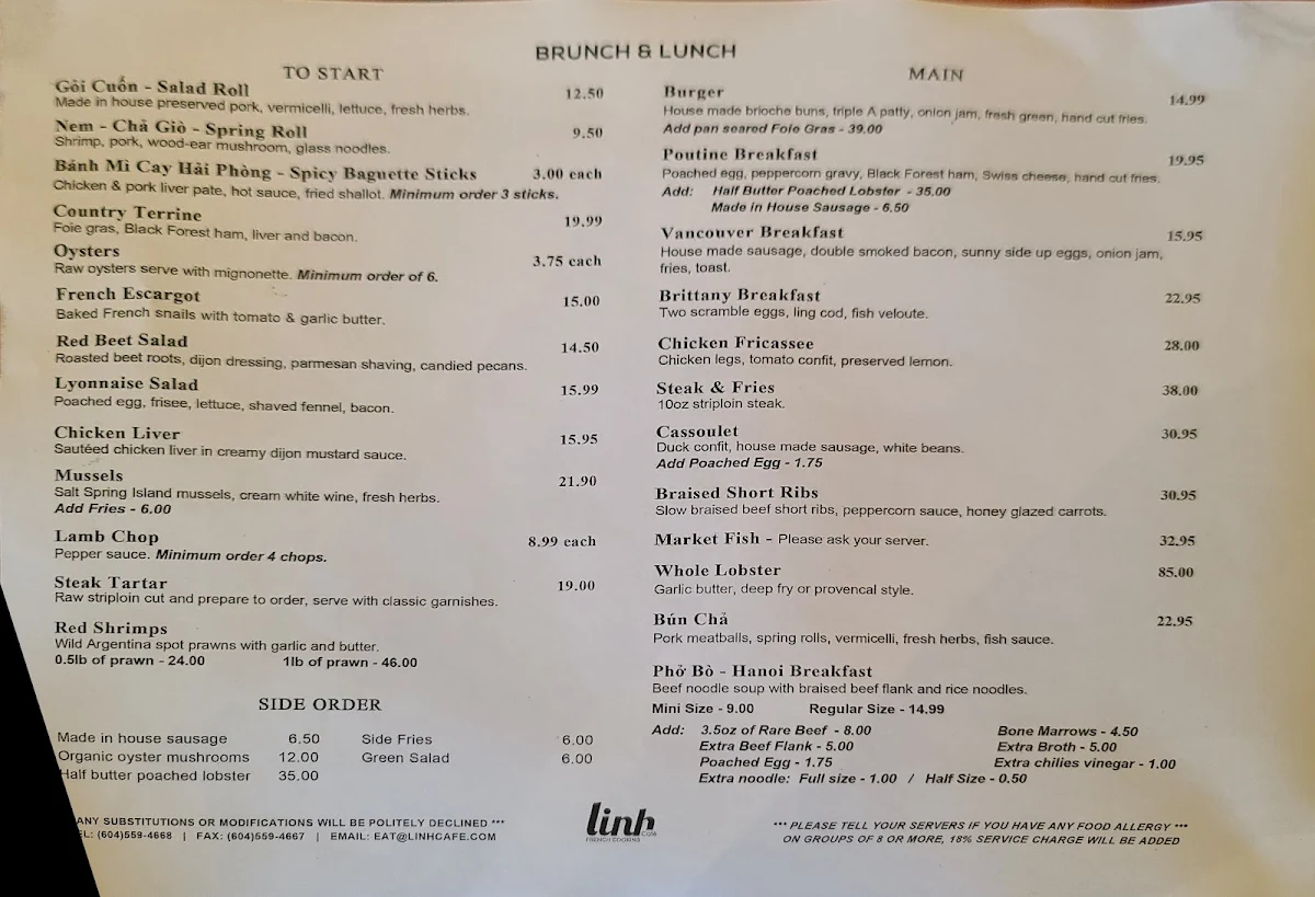 Menu, Linh Café