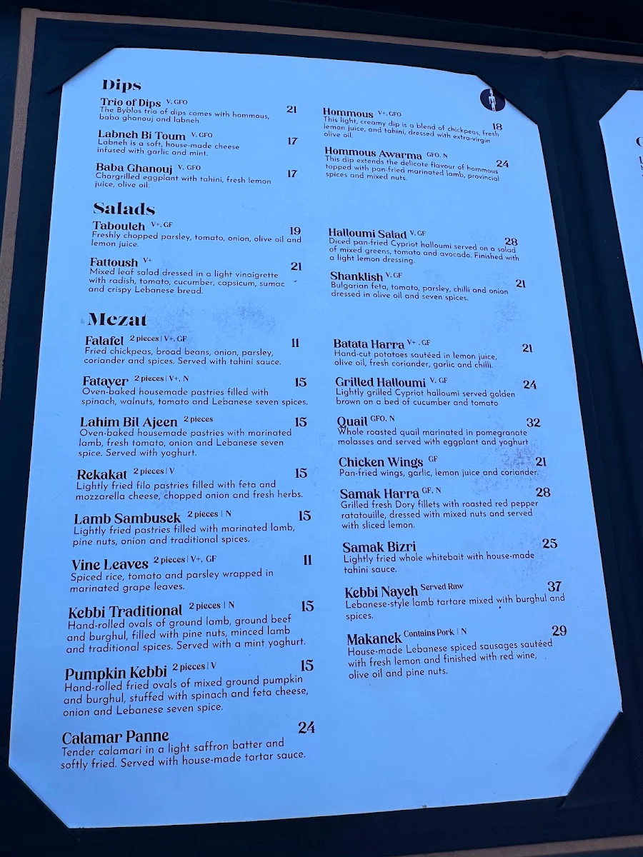 Menu, Byblós Melbourne