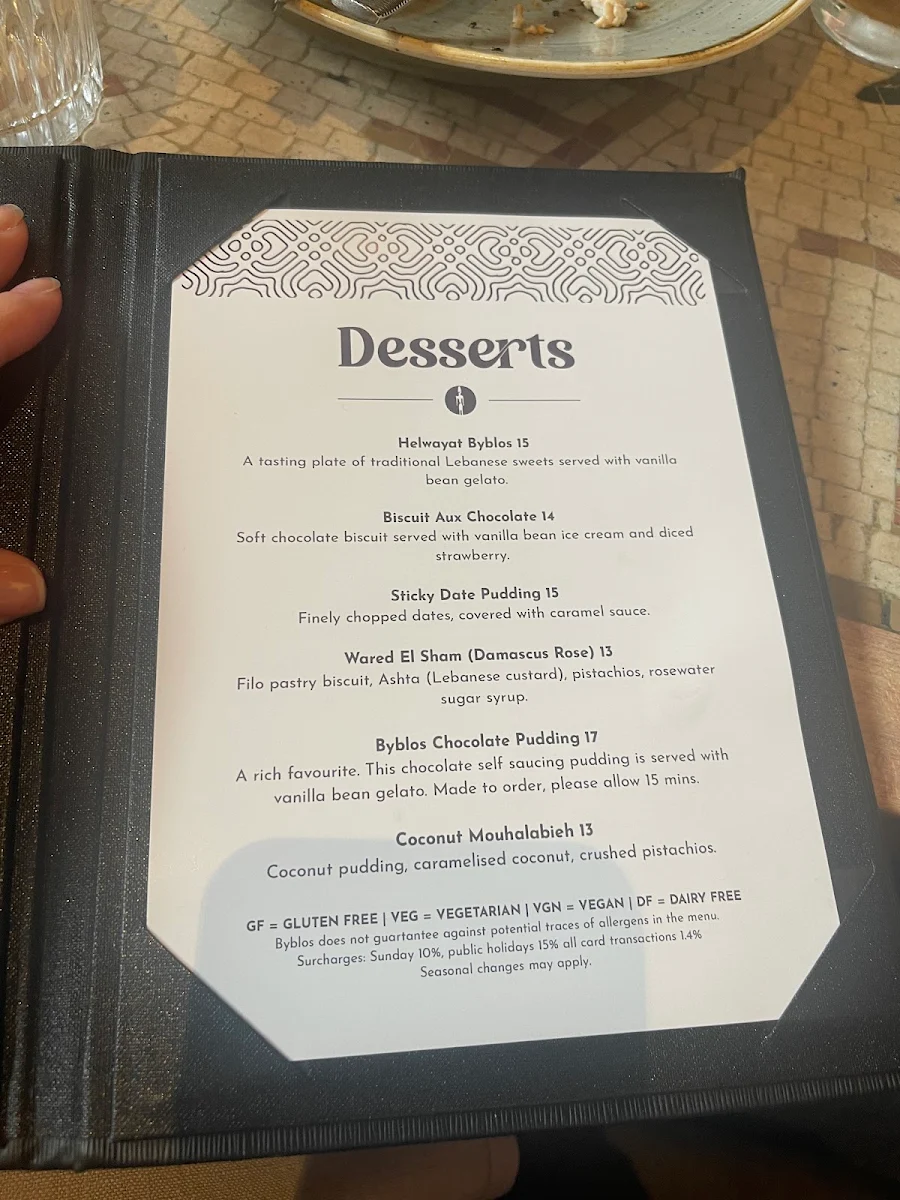 Menu, Byblós Melbourne
