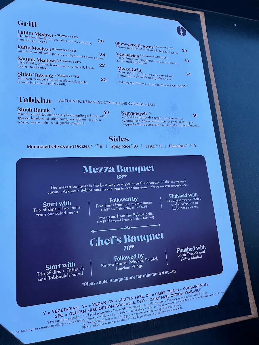 Menu, Byblós Melbourne