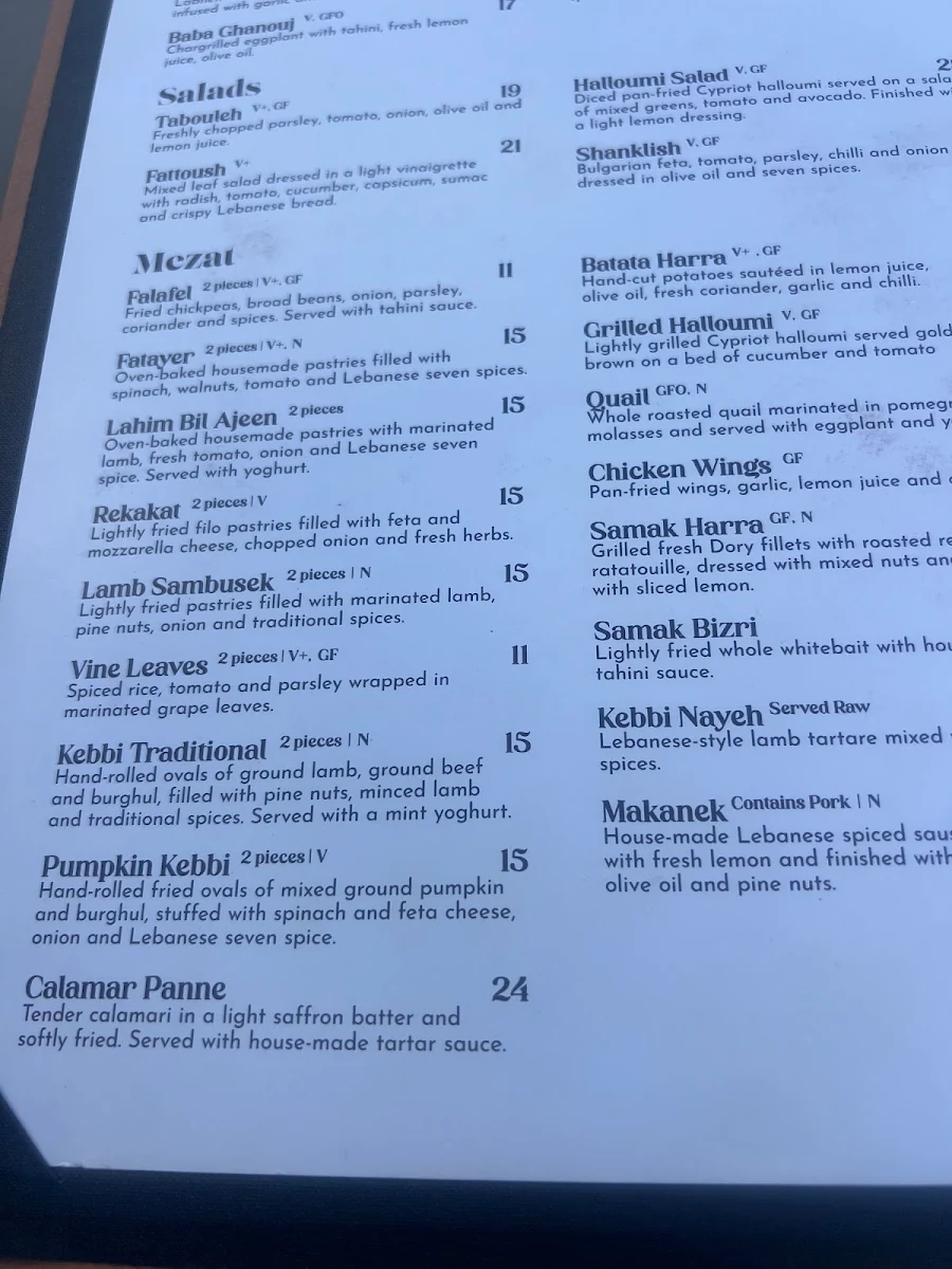 Menu, Byblós Melbourne