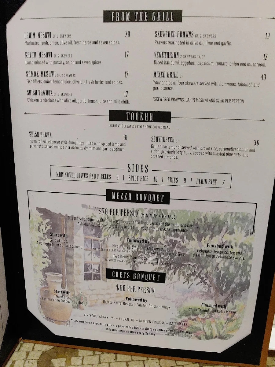 Menu, Byblós Melbourne