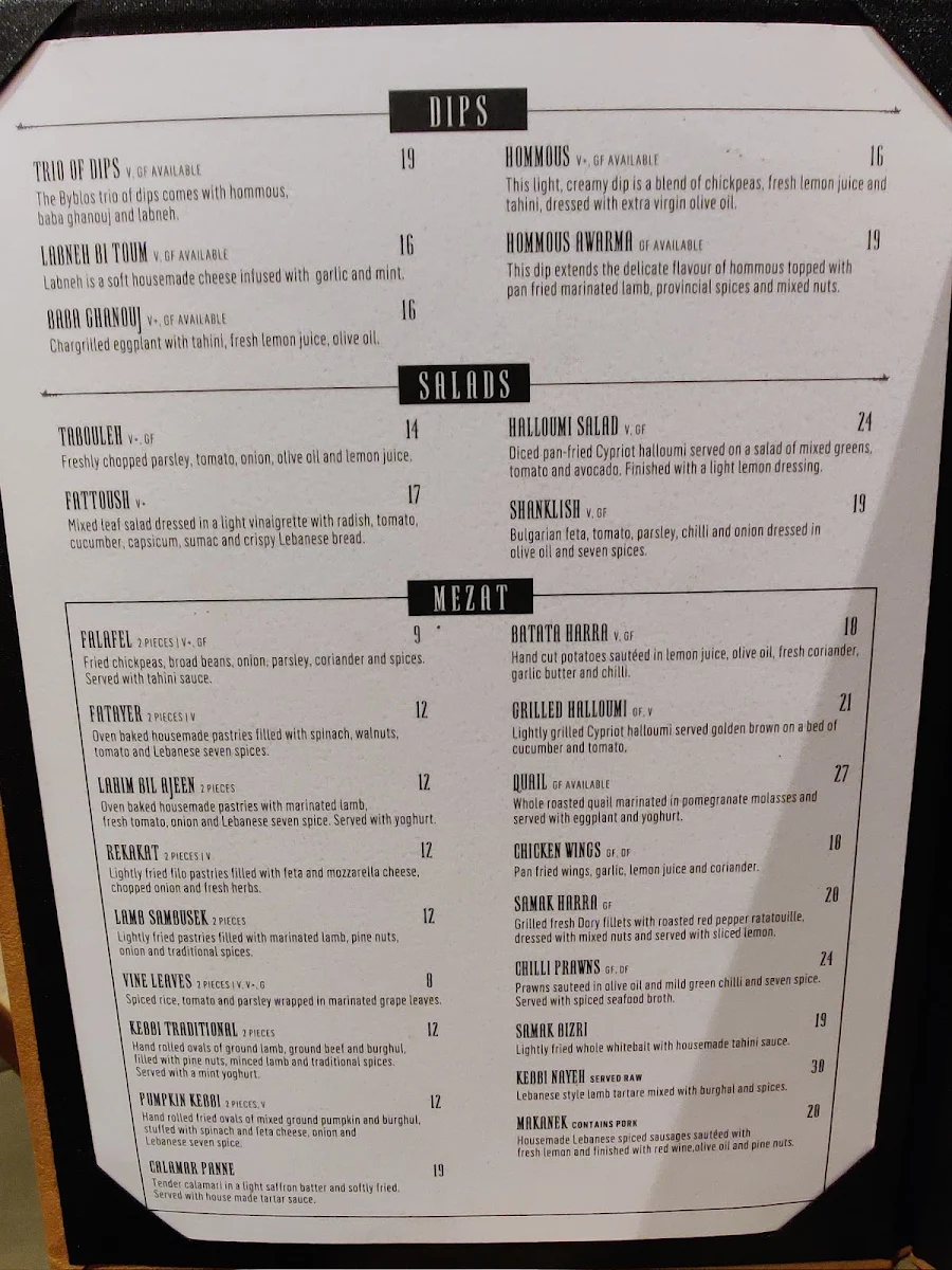 Menu, Byblós Melbourne