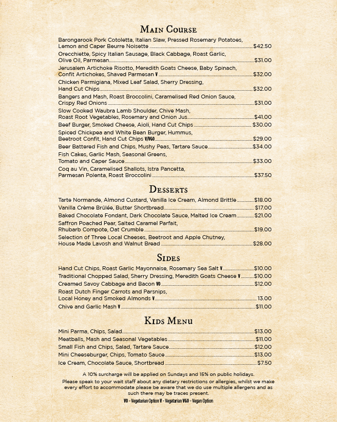 Menu, The Mallow