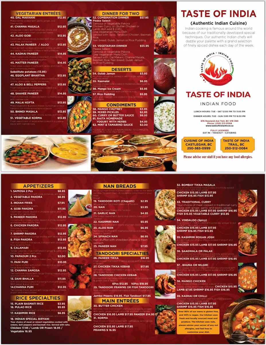 Menu, Kootenay's Taste of India
