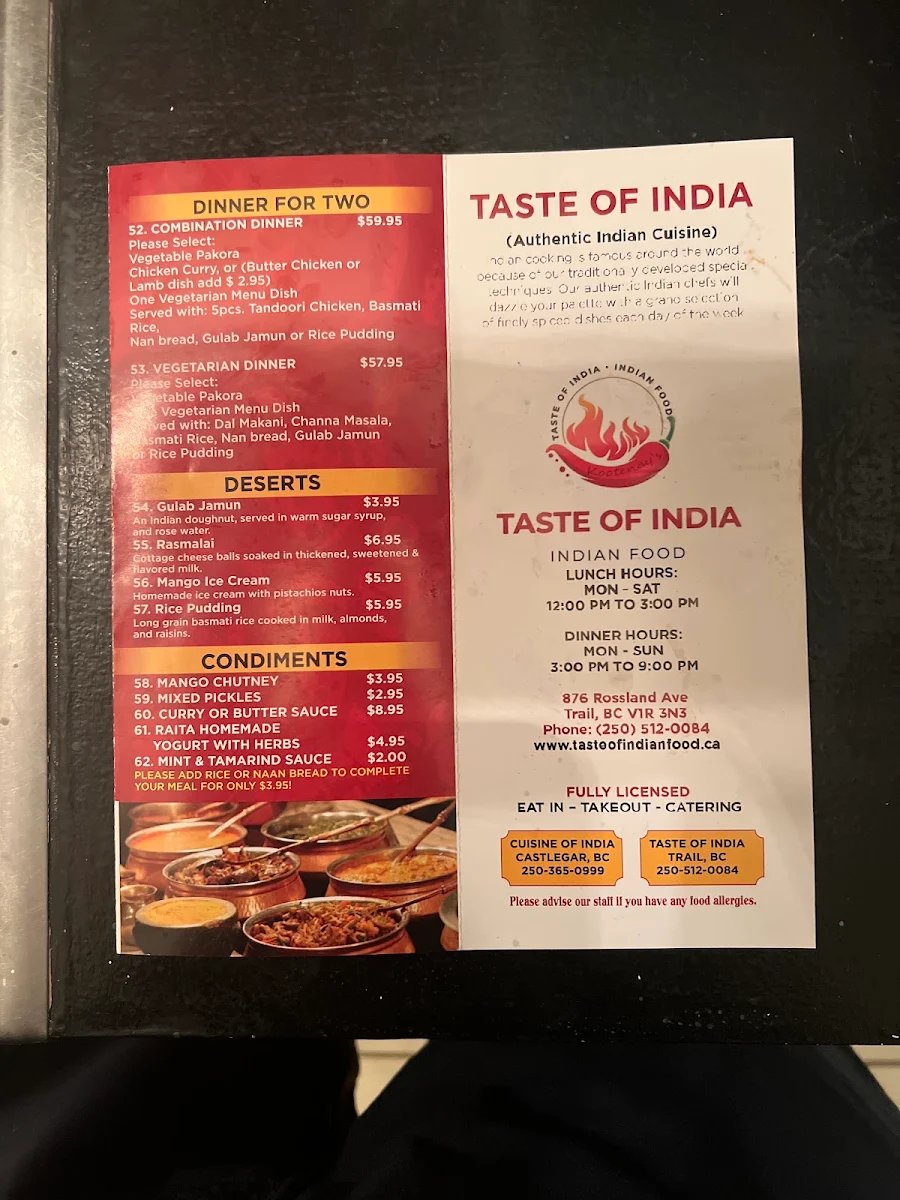 Menu, Kootenay's Taste of India