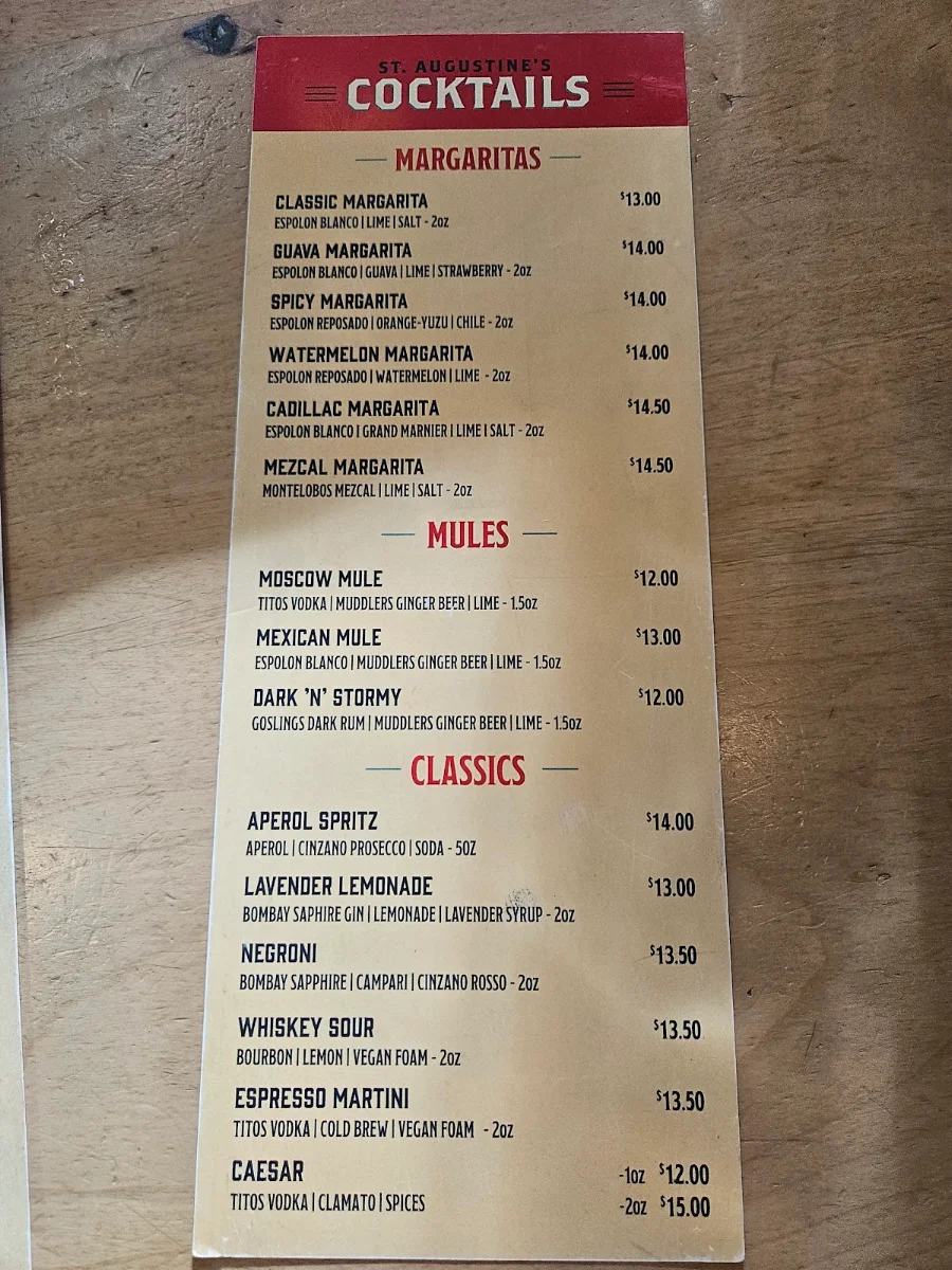Menu, St. Augustine's