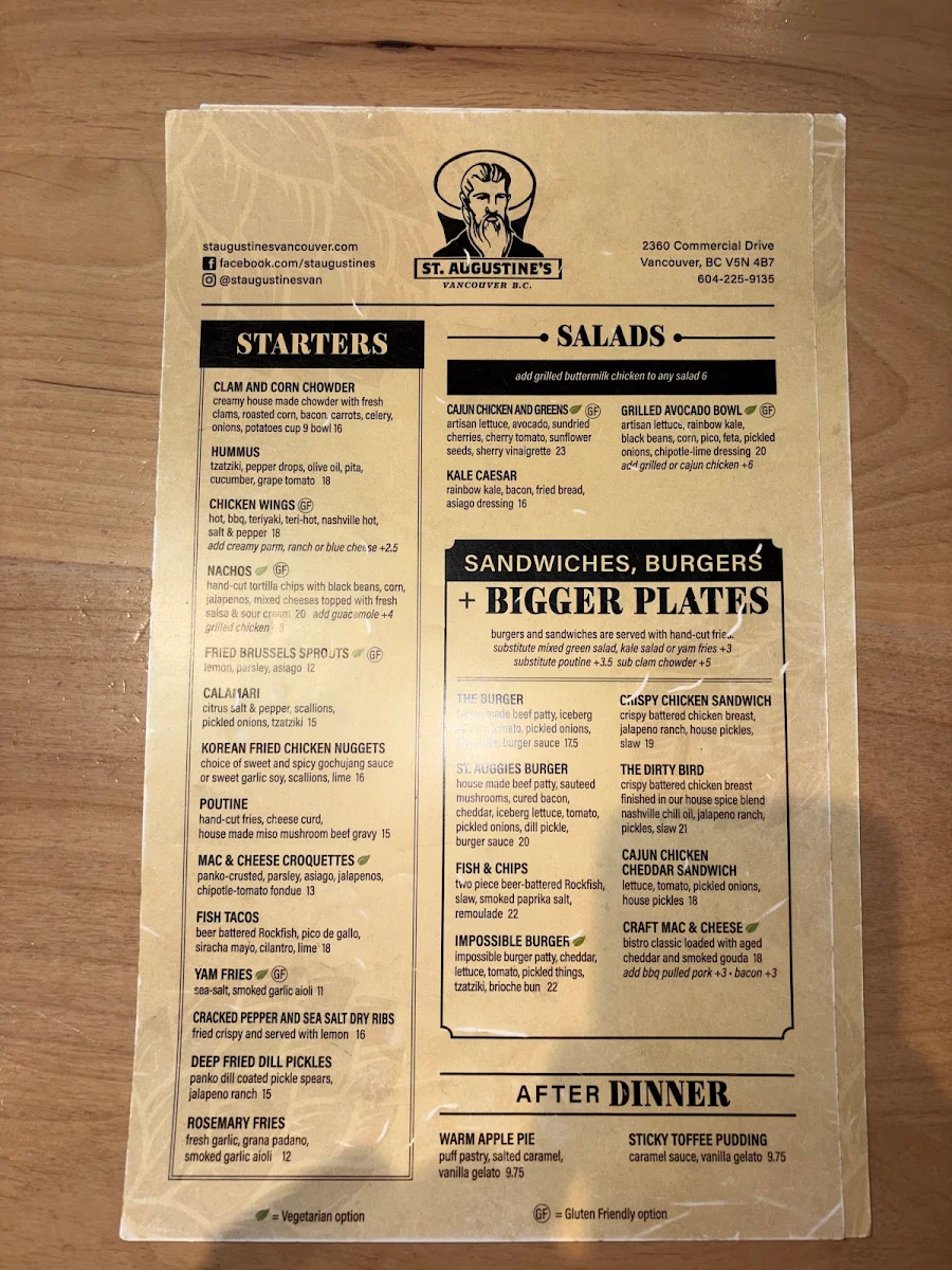 Menu, St. Augustine's