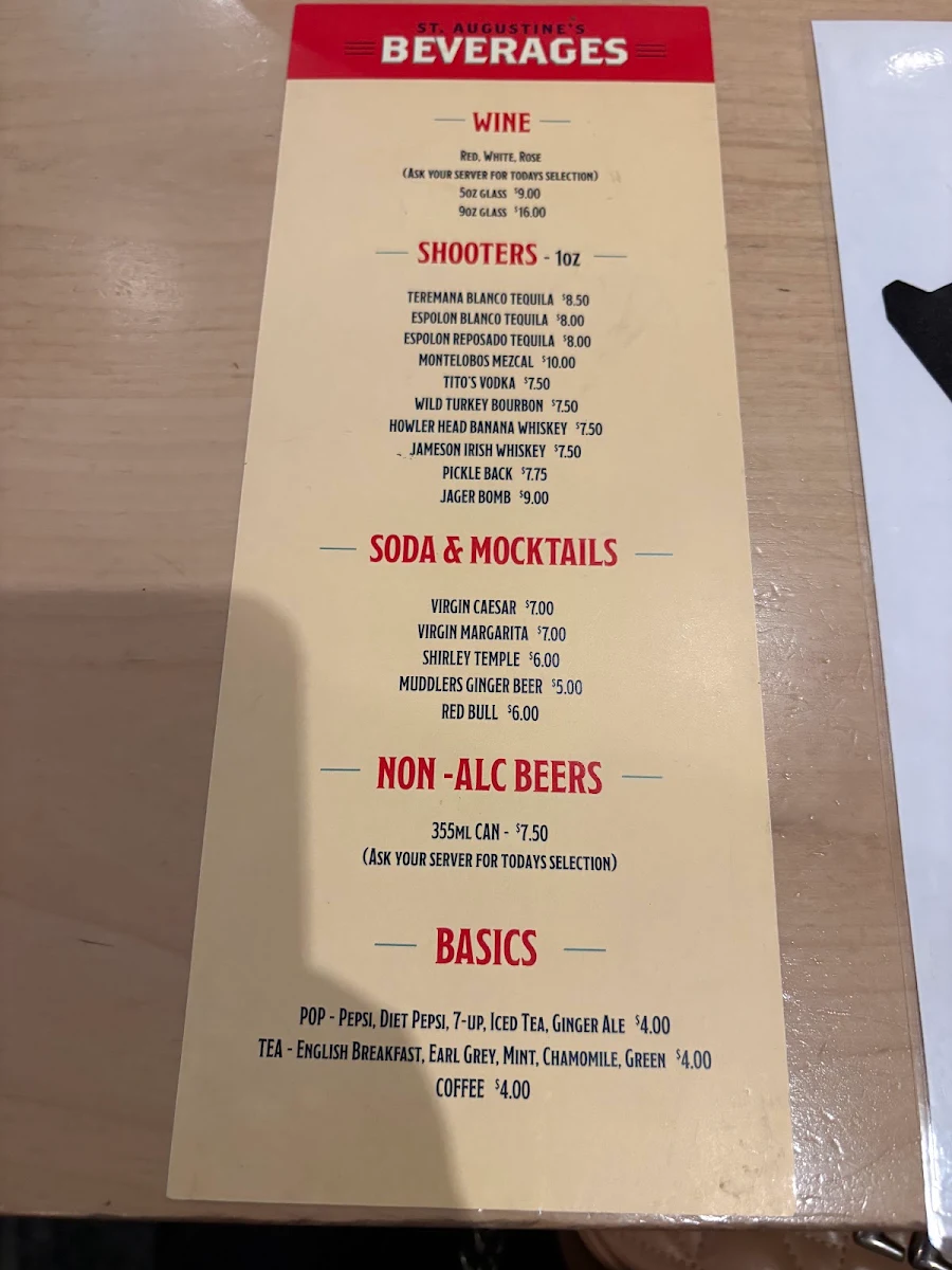 Menu, St. Augustine's