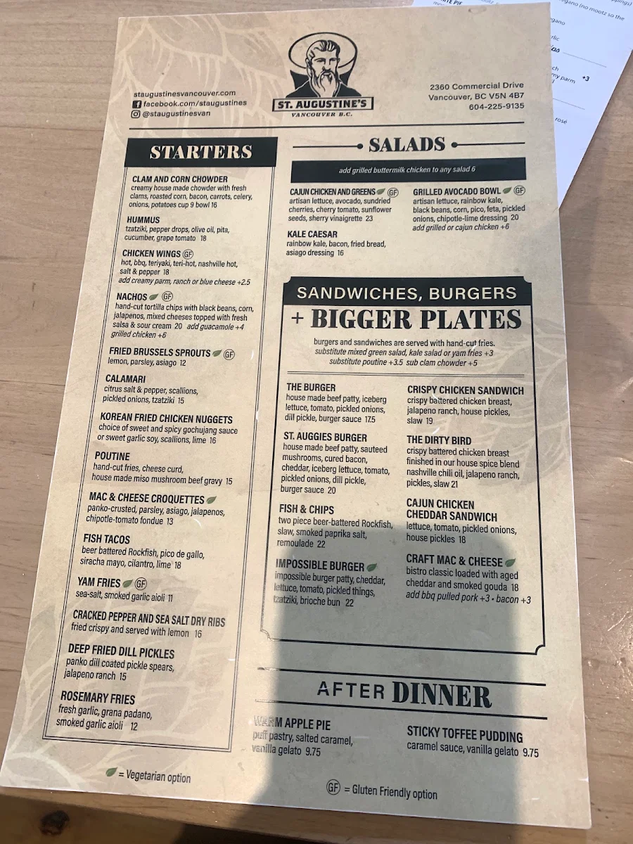 Menu, St. Augustine's
