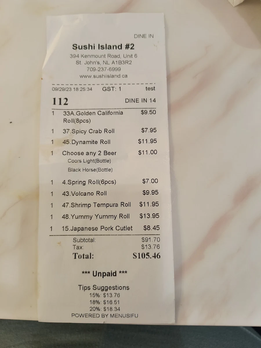 Menu, Sushi Island