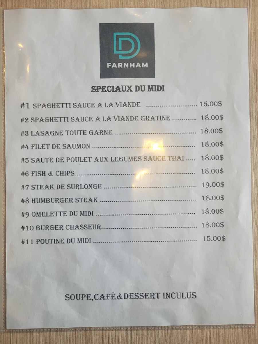 Menu, D&D Déjeuner & Dîner Farnham