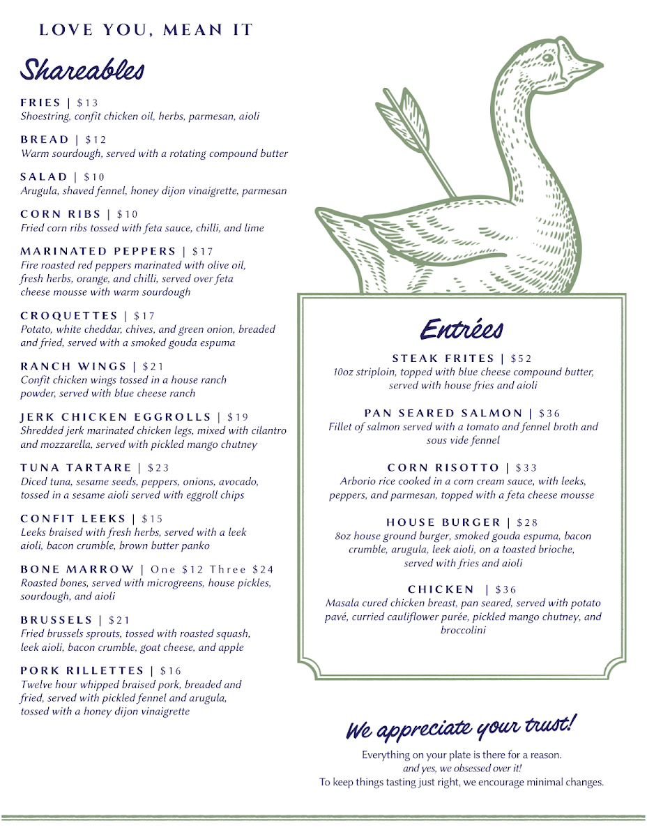 Menu, Love You, Mean It - Bar & Restaurant