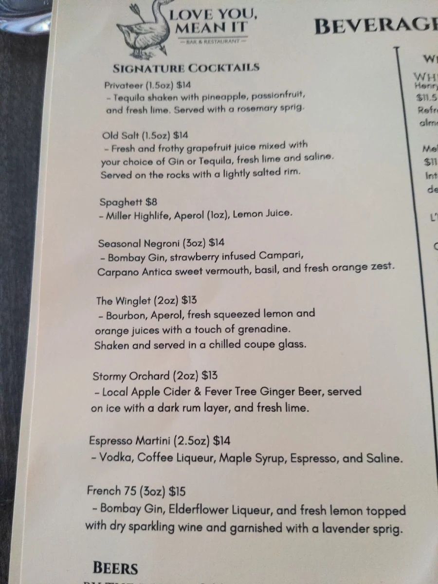 Menu, Love You, Mean It - Bar & Restaurant