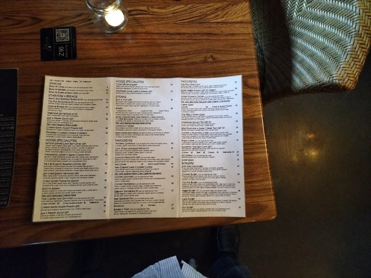 Menu, Top Pub