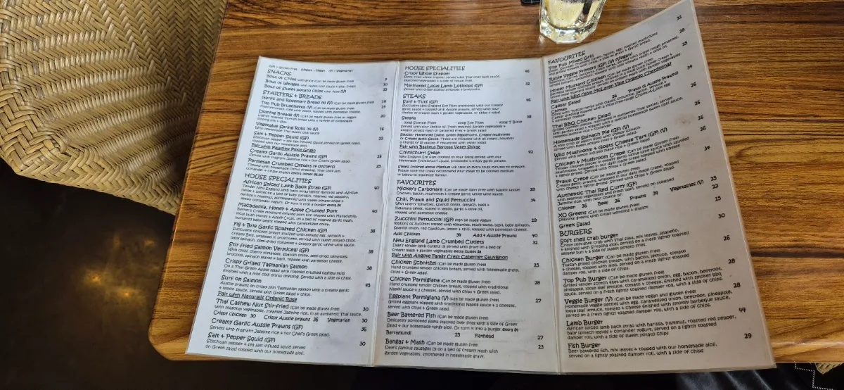 Menu, Top Pub